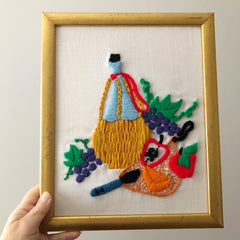 Vintage Fruit and Wine Crewel Embroidery Framed Art