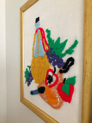 Vintage Fruit and Wine Crewel Embroidery Framed Art